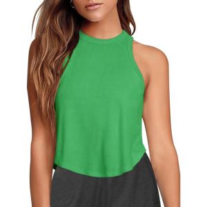 imageLASLULU Womens Crop Tops Sleeveless Workout Tops Halter Neck Flowy Athletic Shirts Cropped Tank Muscle TankIsland Green
