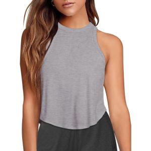 imageLASLULU Womens Crop Tops Sleeveless Workout Tops Halter Neck Flowy Athletic Shirts Cropped Tank Muscle TankLight Grey