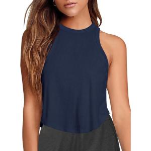 imageLASLULU Womens Crop Tops Sleeveless Workout Tops Halter Neck Flowy Athletic Shirts Cropped Tank Muscle TankNavy Blue