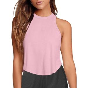 imageLASLULU Womens Crop Tops Sleeveless Workout Tops Halter Neck Flowy Athletic Shirts Cropped Tank Muscle TankParfait Pink