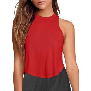 imageLASLULU Womens Crop Tops Sleeveless Workout Tops Halter Neck Flowy Athletic Shirts Cropped Tank Muscle TankRed