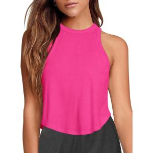 imageLASLULU Womens Crop Tops Sleeveless Workout Tops Halter Neck Flowy Athletic Shirts Cropped Tank Muscle TankRose Red