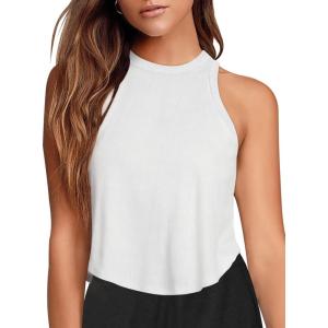 imageLASLULU Womens Crop Tops Sleeveless Workout Tops Halter Neck Flowy Athletic Shirts Cropped Tank Muscle TankWhite