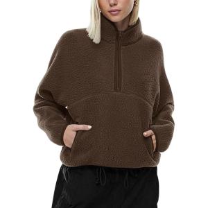 imageLASLULU Womens Half Zip Pullover Cropped Sweatshirts Sherpa Fleece Jacket Fuzzy Sweaters Cute Winter Jackets with Pockets