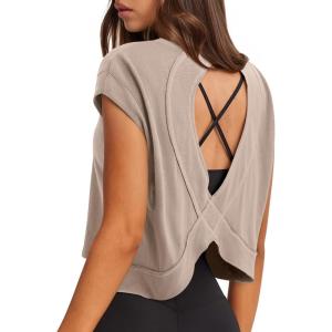 imageLASLULU Womens Open Back Workout Tops Short Sleeve Athletic Top Sleeveless Oversized Wrap Crop Tank Tops Running Gym Yoga TeeApricot
