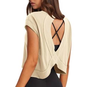 imageLASLULU Womens Open Back Workout Tops Short Sleeve Athletic Top Sleeveless Oversized Wrap Crop Tank Tops Running Gym Yoga TeeBeige