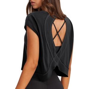 imageLASLULU Womens Open Back Workout Tops Short Sleeve Athletic Top Sleeveless Oversized Wrap Crop Tank Tops Running Gym Yoga TeeBlack
