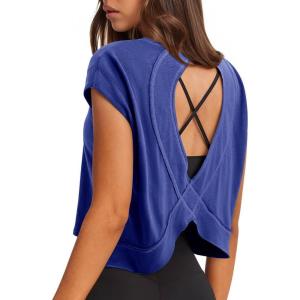 imageLASLULU Womens Open Back Workout Tops Short Sleeve Athletic Top Sleeveless Oversized Wrap Crop Tank Tops Running Gym Yoga TeeBlue