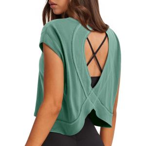 imageLASLULU Womens Open Back Workout Tops Short Sleeve Athletic Top Sleeveless Oversized Wrap Crop Tank Tops Running Gym Yoga TeeGrass Green