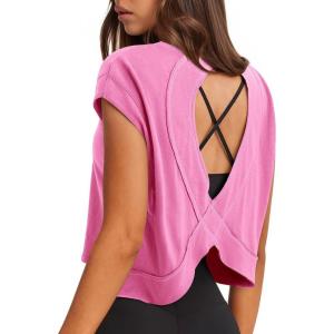 imageLASLULU Womens Open Back Workout Tops Short Sleeve Athletic Top Sleeveless Oversized Wrap Crop Tank Tops Running Gym Yoga TeeNeon Orchid
