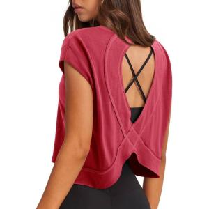 imageLASLULU Womens Open Back Workout Tops Short Sleeve Athletic Top Sleeveless Oversized Wrap Crop Tank Tops Running Gym Yoga TeeRed