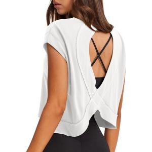 imageLASLULU Womens Open Back Workout Tops Short Sleeve Athletic Top Sleeveless Oversized Wrap Crop Tank Tops Running Gym Yoga TeeShell White