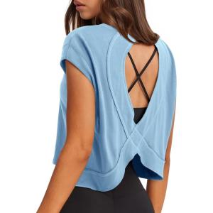 imageLASLULU Womens Open Back Workout Tops Short Sleeve Athletic Top Sleeveless Oversized Wrap Crop Tank Tops Running Gym Yoga TeeSky Blue