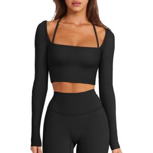 imageLASLULU Womens Sexy Square Neck Crop Top Ribbed Seamless Long Sleeve Workout Tops Halter Neck Athletic YogaBlack