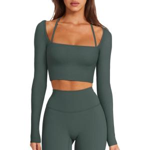 imageLASLULU Womens Sexy Square Neck Crop Top Ribbed Seamless Long Sleeve Workout Tops Halter Neck Athletic YogaForest Green