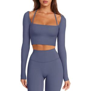 imageLASLULU Womens Sexy Square Neck Crop Top Ribbed Seamless Long Sleeve Workout Tops Halter Neck Athletic YogaGrey Blue