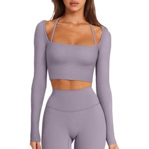 imageLASLULU Womens Sexy Square Neck Crop Top Ribbed Seamless Long Sleeve Workout Tops Halter Neck Athletic YogaHazy Lilac