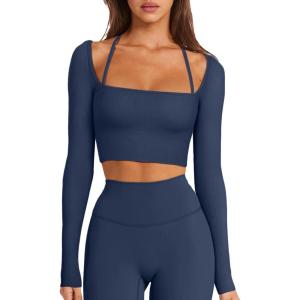 imageLASLULU Womens Sexy Square Neck Crop Top Ribbed Seamless Long Sleeve Workout Tops Halter Neck Athletic YogaNavy Blue