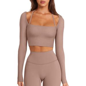 imageLASLULU Womens Sexy Square Neck Crop Top Ribbed Seamless Long Sleeve Workout Tops Halter Neck Athletic YogaSienna
