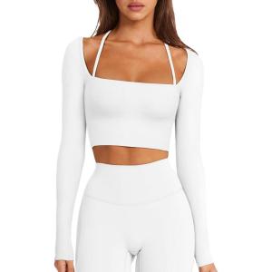 imageLASLULU Womens Sexy Square Neck Crop Top Ribbed Seamless Long Sleeve Workout Tops Halter Neck Athletic YogaWhite