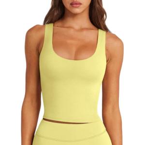 imageLASLULU Womens Sport Bras Long Line Workout Yoga Gym Athletic Tops Clothes Shirts Camisole Padded Crop Tank TopsLemon Yellow