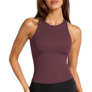 imageLASLULU Womens Sports Bra Strappy High Neck Longline Yoga Running Gym Tops Clothes Padded Workout Tank Tops with Built in BraBurgundy