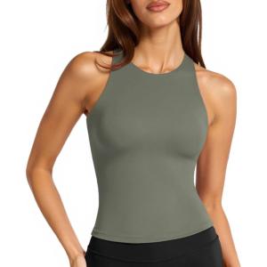 imageLASLULU Womens Sports Bra Strappy High Neck Longline Yoga Running Gym Tops Clothes Padded Workout Tank Tops with Built in BraGrayish Green