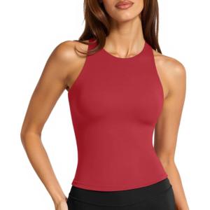 imageLASLULU Womens Sports Bra Strappy High Neck Longline Yoga Running Gym Tops Clothes Padded Workout Tank Tops with Built in BraRed