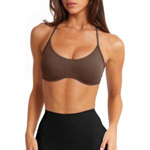 imageLASLULU Womens Sexy Y Back Sports Bra Padded Racerback Spaghetti Strap Workout Yoga Gym Athletic Bras Tops BralettesCoffee