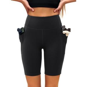 imageLASLULU Womens Biker Shorts Yoga Workout Gym Running Volleyball Spandex Compression Bike Shorts with PocketsBlack