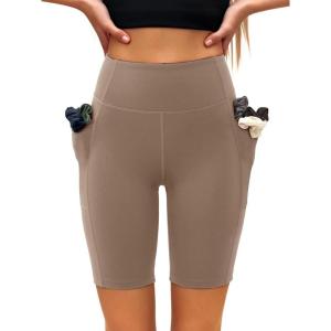imageLASLULU Womens Biker Shorts Yoga Workout Gym Running Volleyball Spandex Compression Bike Shorts with PocketsCoffee