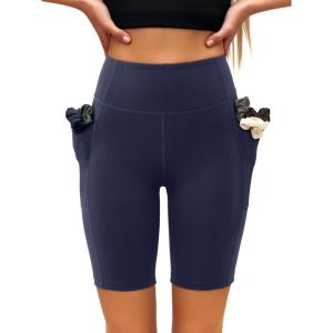 imageLASLULU Womens Biker Shorts Yoga Workout Gym Running Volleyball Spandex Compression Bike Shorts with PocketsNavy Blue