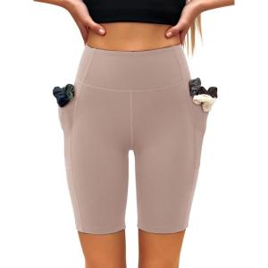 imageLASLULU Womens Biker Shorts Yoga Workout Gym Running Volleyball Spandex Compression Bike Shorts with PocketsSienna