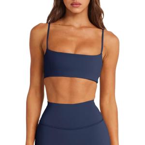 imageLASLULU Womens Adjustable Spaghetti Straps Sports Bra Square Neck Wireless Padded Workout Yoga Crop TopsNavy Blue
