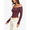 imageLASLULU Womens Sexy Off The Shoulder Long Sleeve Workout Tops Strapless T Shirts Crop Top Casual Fall OutfitsBurgundy