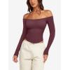 imageLASLULU Womens Sexy Off The Shoulder Long Sleeve Workout Tops Strapless T Shirts Crop Top Casual Fall OutfitsBurgundy