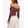 imageLASLULU Womens Sexy Off The Shoulder Long Sleeve Workout Tops Strapless T Shirts Crop Top Casual Fall OutfitsBurgundy