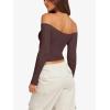 imageLASLULU Womens Sexy Off The Shoulder Long Sleeve Workout Tops Strapless T Shirts Crop Top Casual Fall OutfitsCoffee