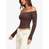 imageLASLULU Womens Sexy Off The Shoulder Long Sleeve Workout Tops Strapless T Shirts Crop Top Casual Fall OutfitsCoffee