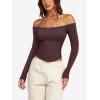 imageLASLULU Womens Sexy Off The Shoulder Long Sleeve Workout Tops Strapless T Shirts Crop Top Casual Fall OutfitsCoffee