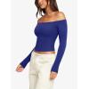 imageLASLULU Womens Sexy Off The Shoulder Long Sleeve Workout Tops Strapless T Shirts Crop Top Casual Fall OutfitsKlein Blue