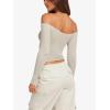 imageLASLULU Womens Sexy Off The Shoulder Long Sleeve Workout Tops Strapless T Shirts Crop Top Casual Fall OutfitsOak