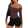 imageLASLULU Womens Sexy Off The Shoulder Long Sleeve Workout Tops Strapless T Shirts Crop Top Casual Fall OutfitsCoffee