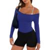 imageLASLULU Womens Sexy Off The Shoulder Long Sleeve Workout Tops Strapless T Shirts Crop Top Casual Fall OutfitsKlein Blue