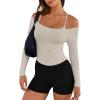 imageLASLULU Womens Sexy Off The Shoulder Long Sleeve Workout Tops Strapless T Shirts Crop Top Casual Fall OutfitsOak