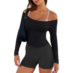 imageLASLULU Womens Sexy Off The Shoulder Long Sleeve Workout Tops Strapless T Shirts Crop Top Casual Fall OutfitsBlack