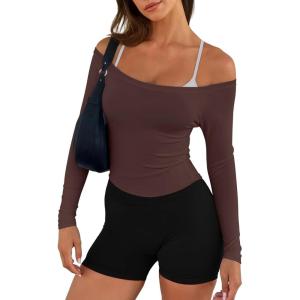 imageLASLULU Womens Sexy Off The Shoulder Long Sleeve Workout Tops Strapless T Shirts Crop Top Casual Fall OutfitsCoffee