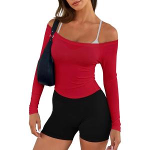 imageLASLULU Womens Sexy Off The Shoulder Long Sleeve Workout Tops Strapless T Shirts Crop Top Casual Fall OutfitsRed