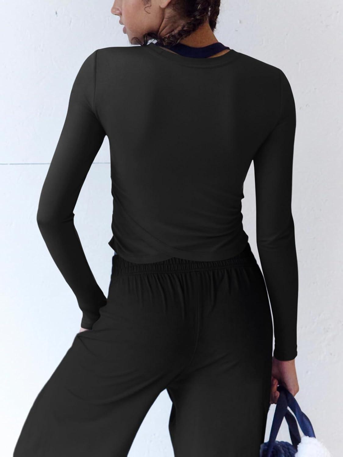 imageLASLULU Womens Sexy Crossover Crop Top Long Sleeve Workout Tops Crewneck Athletic Yoga TShirts Fall OutfitsBlack
