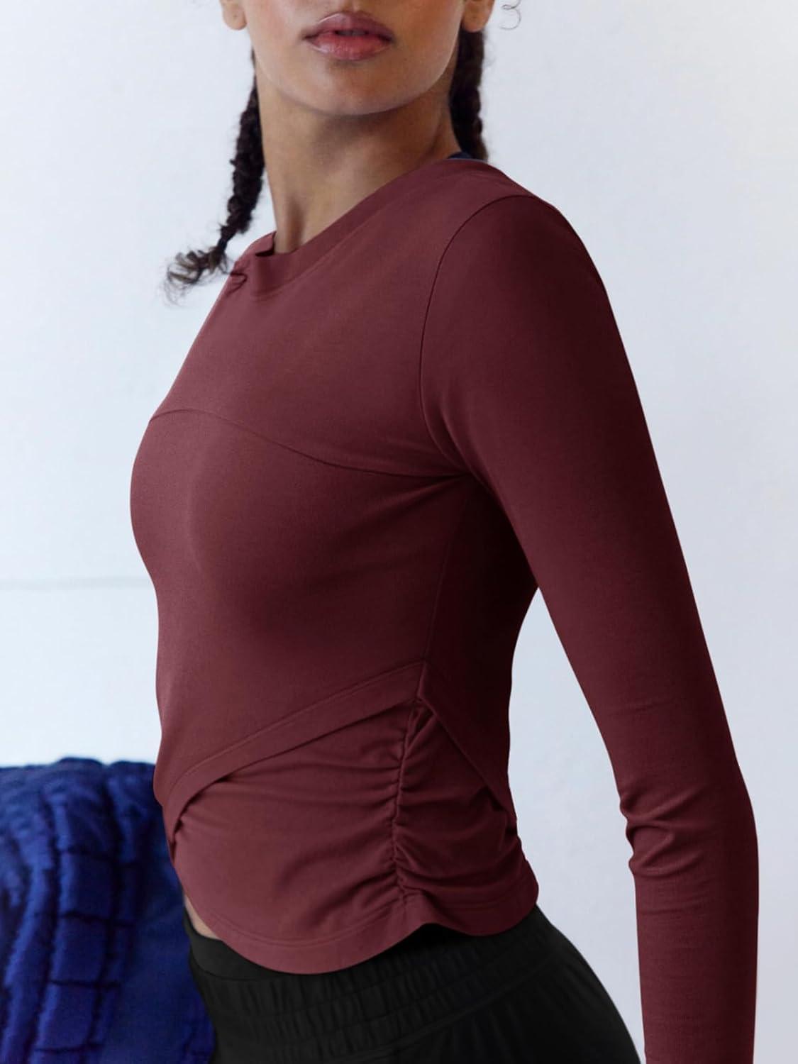 imageLASLULU Womens Sexy Crossover Crop Top Long Sleeve Workout Tops Crewneck Athletic Yoga TShirts Fall OutfitsBurgundy